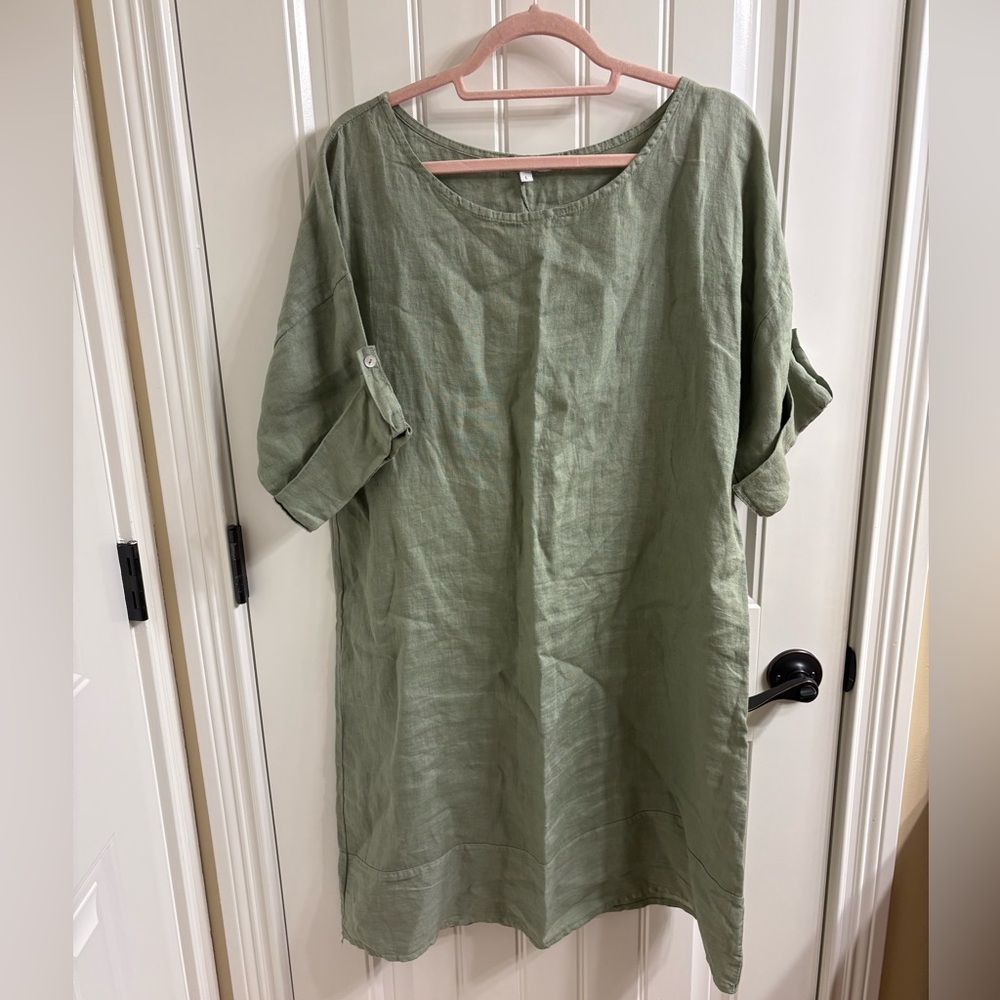 Olive Green Linen Scoop-Neck Midi Dress
